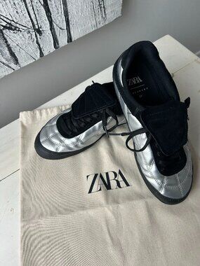 Zara Silver Quilted Sneakers Sz 37